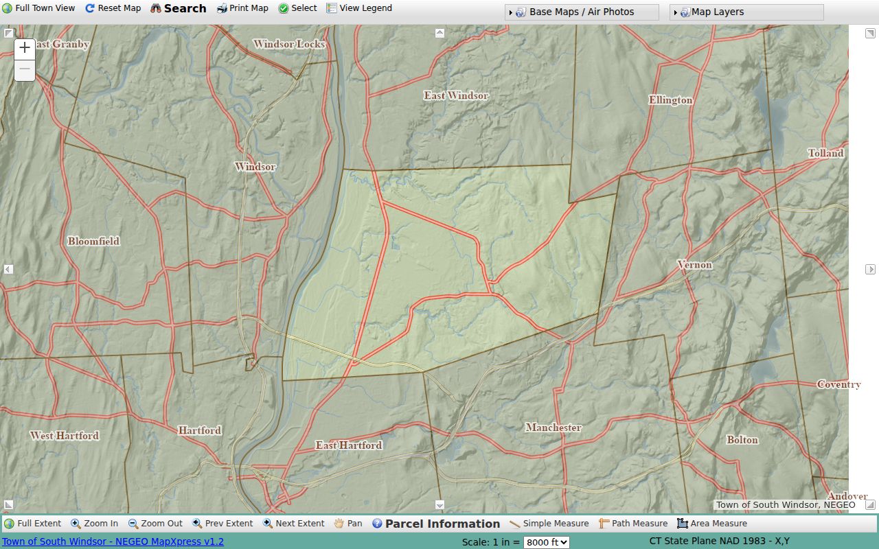 South Windsor neighbors, MapXpress parcel and adjacent-parcel viewer
